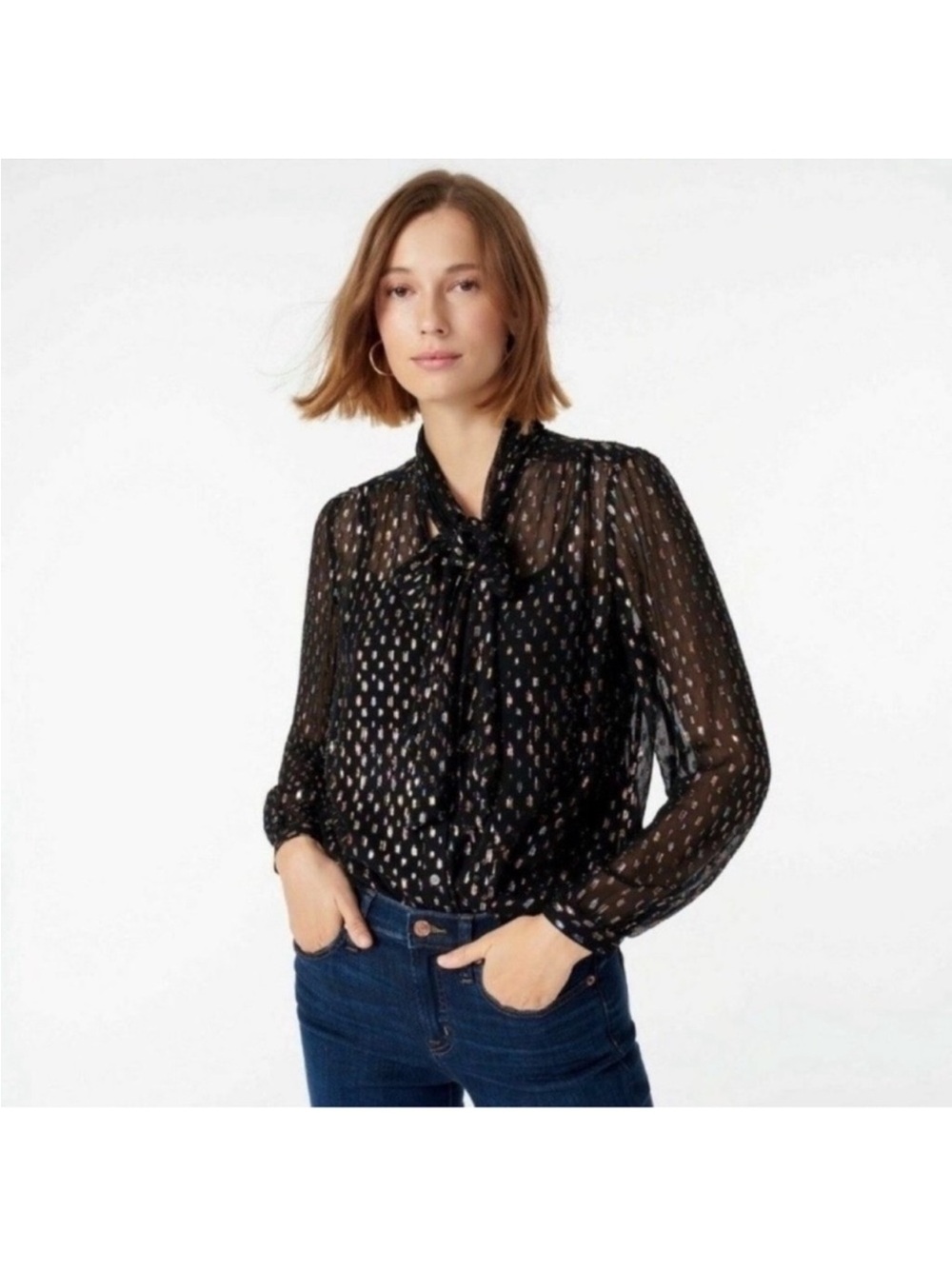 J Crew Women’s Black Sheer Tie-Neck Blouse Size M